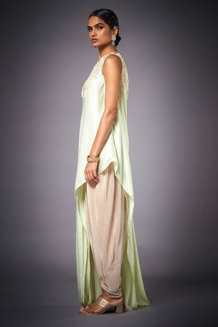 Buy_RI.Ritu Kumar_Gold Floral, Thread Asymmetric One Shoulder Cape With Draped Pant _Online_at_Aza_Fashions