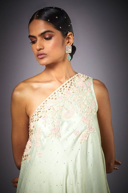 Shop_RI.Ritu Kumar_Gold Floral, Thread Asymmetric One Shoulder Cape With Draped Pant _Online_at_Aza_Fashions