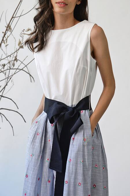 Buy_Umbar_Blue Poplin Lycra Round Striped Jumpsuit_Online_at_Aza_Fashions