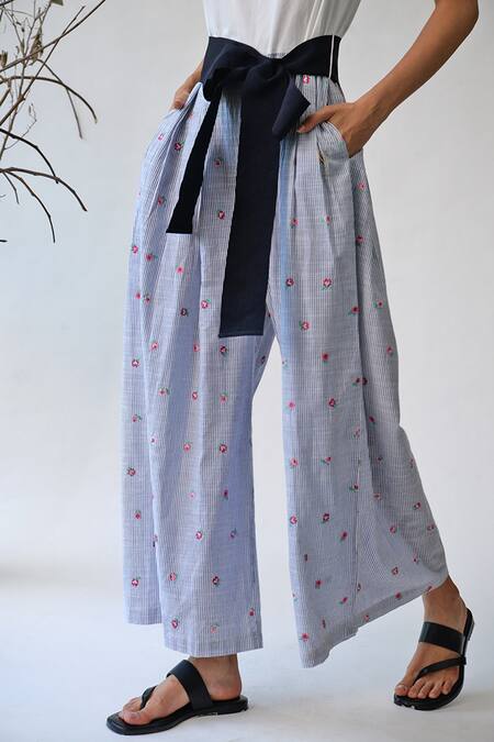 Shop_Umbar_Blue Poplin Lycra Round Striped Jumpsuit_Online_at_Aza_Fashions