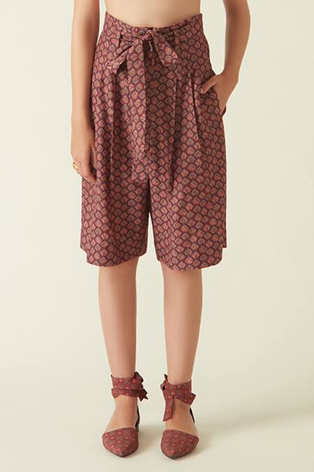 Buy Payal Pratap Red Cupro Muga Silk Printed Floral Galang Shorts Online at Aza Fashions Buy_Payal Pratap_Red Cupro Muga Silk Printed Floral Galang Shorts _Online_at_Aza_Fashions