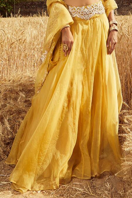 Buy_Ridhima Bhasin_Yellow Organza U Neck Lehenga Set _Online_at_Aza_Fashions