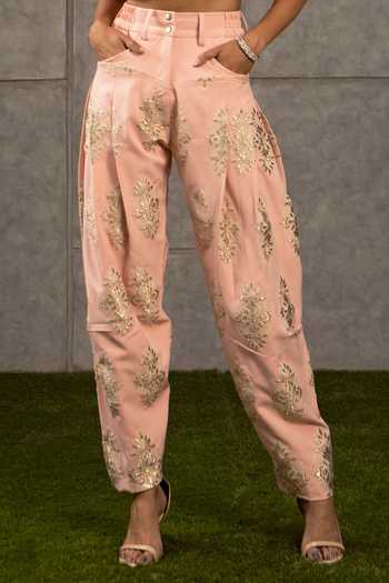 Siddartha Tytler_Beige Knitted Floral Applique Pant _Online_at_Aza_Fashions