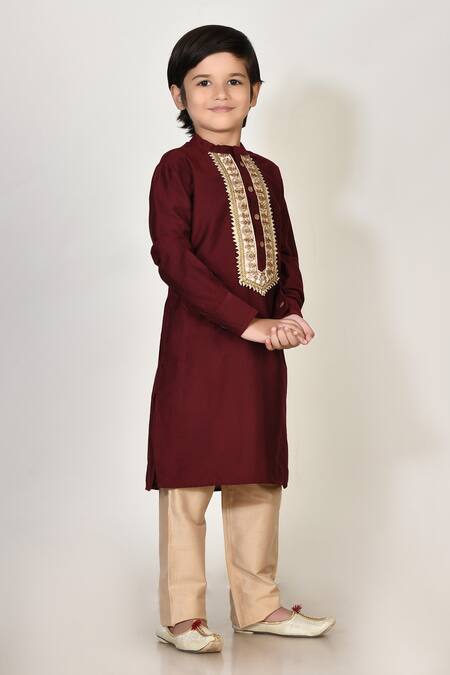 Petite Pomme_Maroon Cotton, Silk Embroidery Kurta And Pant Set _Online_at_Aza_Fashions