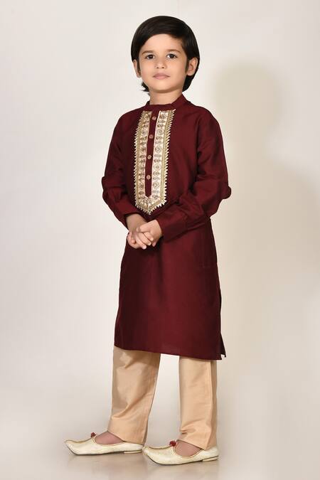 Buy_Petite Pomme_Maroon Cotton, Silk Embroidery Kurta And Pant Set _Online_at_Aza_Fashions