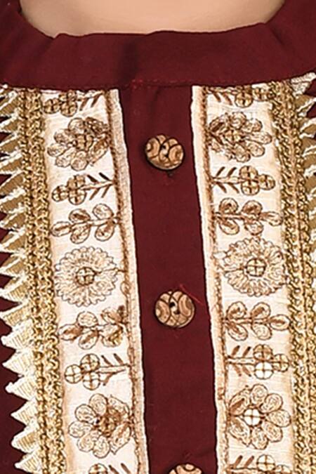 Petite Pomme_Maroon Cotton, Silk Embroidery Kurta And Pant Set _at_Aza_Fashions