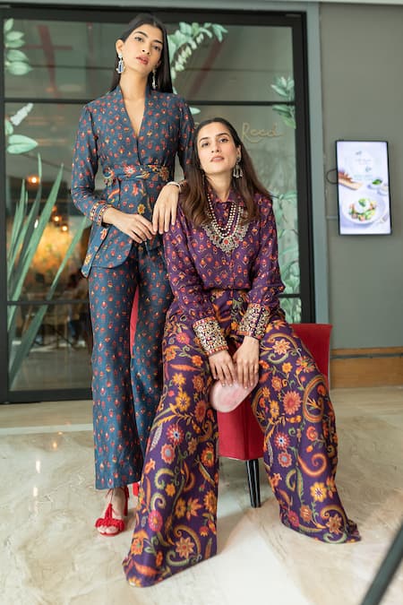 Shop_Drishti & Zahabia_Blue Dupion Silk Anchor Threads, Dori Work, Floral Print, Mirrors, Pant Suit _Online_at_Aza_Fashions
