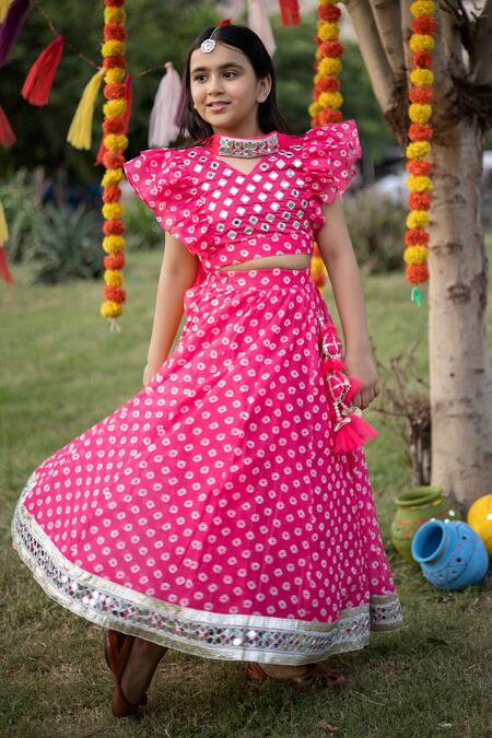 Kids Lane Pink Chanderi, Net Mirrors Bandhej Print Lehenga Set Online at Aza Fashions Kids Lane_Pink Chanderi, Net Mirrors Bandhej Print Lehenga Set_Online_at_Aza_Fashions