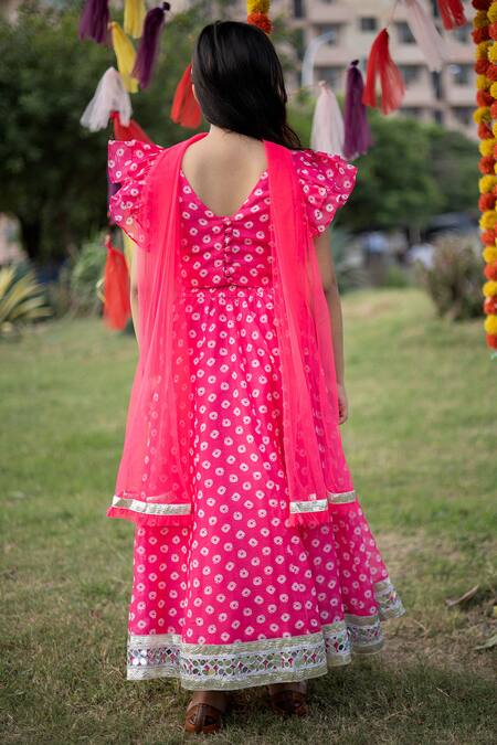 Shop Kids Lane Pink Chanderi, Net Mirrors Bandhej Print Lehenga Set at Aza Fashions Shop_Kids Lane_Pink Chanderi, Net Mirrors Bandhej Print Lehenga Set_at_Aza_Fashions