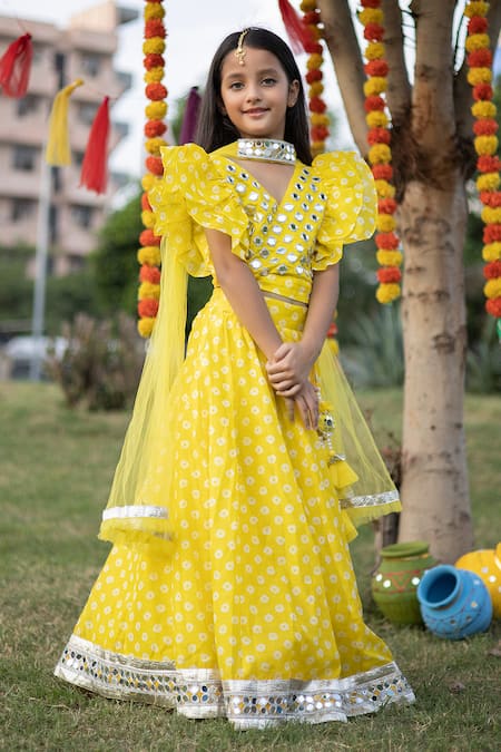 Kids Lane_Yellow Chanderi, Net Embroidery, Gota Patti, Mirrors Bandhej Print Lehenga Set_Online_at_Aza_Fashions