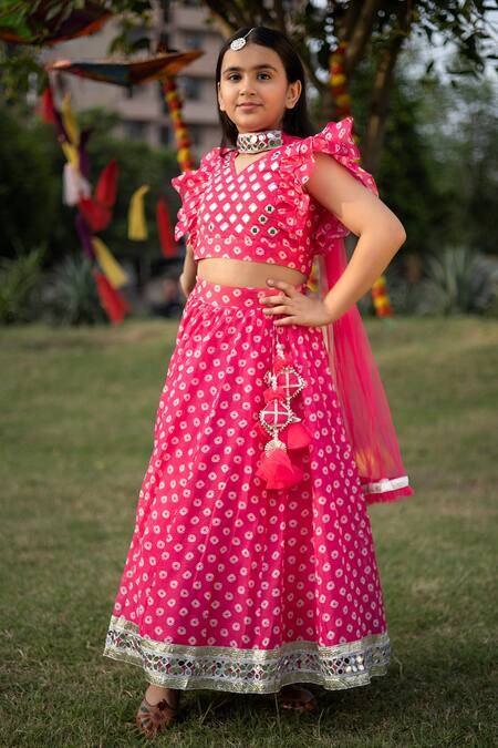 Buy Kids Lane Pink Chanderi, Net Mirrors Bandhej Print Lehenga Set Online at Aza Fashions Buy_Kids Lane_Pink Chanderi, Net Mirrors Bandhej Print Lehenga Set_Online_at_Aza_Fashions