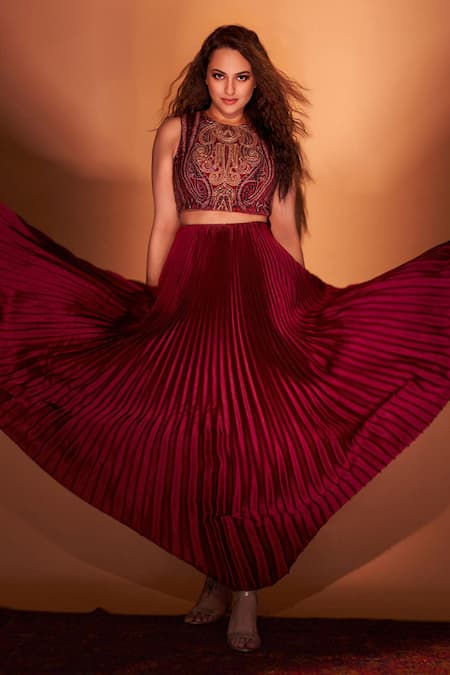 Buy Maroon Blouse 100 Viscose Skirt 100 Polyester Crop Top And Pleated Set For Women by RI.Ritu Kumar Online at Aza Fashions