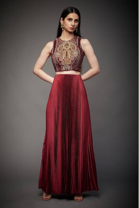 RI.Ritu Kumar_Maroon Blouse 100% Viscose Skirt 100% Polyester Crop Top And Pleated Set_Online_at_Aza_Fashions