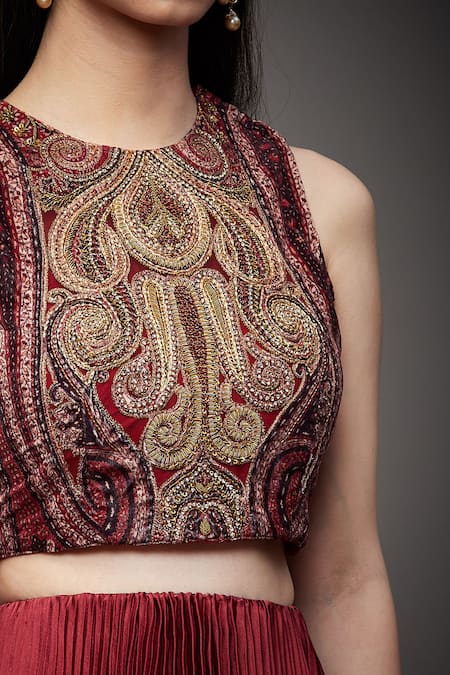 RI.Ritu Kumar_Maroon Blouse 100% Viscose Skirt 100% Polyester Crop Top And Pleated Set_at_Aza_Fashions
