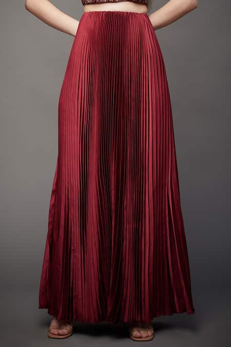 Shop_RI.Ritu Kumar_Maroon Blouse 100% Viscose Skirt 100% Polyester Crop Top And Pleated Set_Online_at_Aza_Fashions