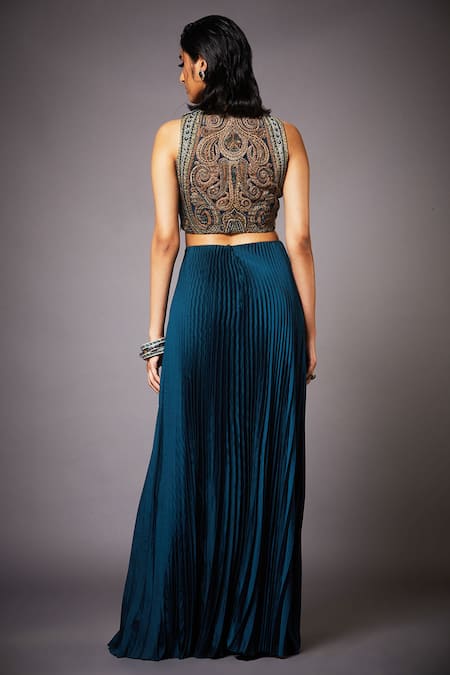Shop_RI.Ritu Kumar_Beige Poly Satin Round Embroidered Crop Top And Lehenga Set _at_Aza_Fashions