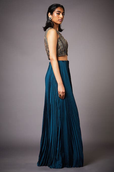RI.Ritu Kumar_Beige Poly Satin Round Embroidered Crop Top And Lehenga Set _Online_at_Aza_Fashions