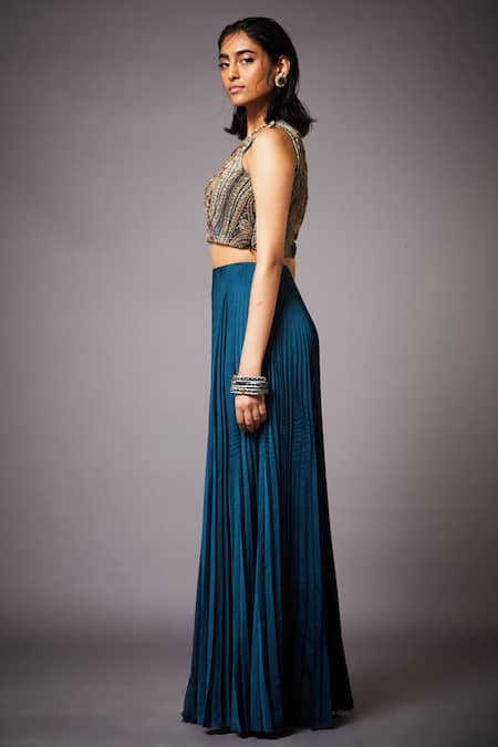 Buy_RI.Ritu Kumar_Beige Poly Satin Round Embroidered Crop Top And Lehenga Set _Online_at_Aza_Fashions