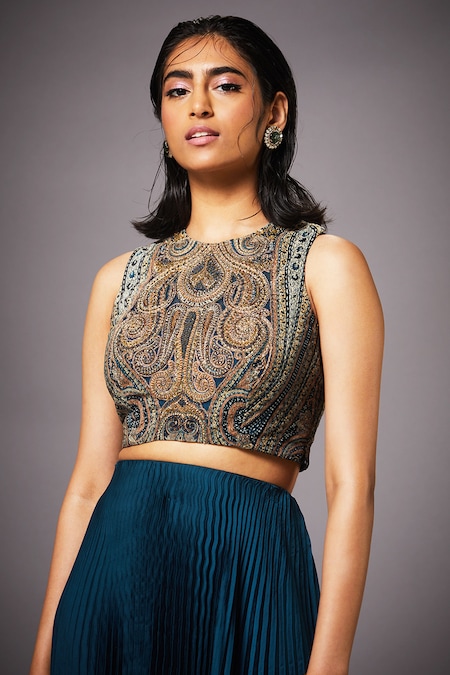 Multi-color readymade organza lehenga floral printed skirt, round-neck with sleeveless  crop top & net ruffle dupatta