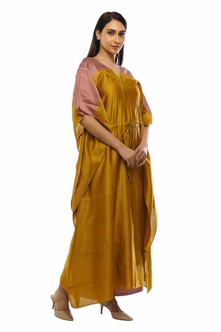 Khat_Yellow Chanderi Silk, Poplin Embroidery V-neck Pintuck Kaftan Pant Set _Online_at_Aza_Fashions
