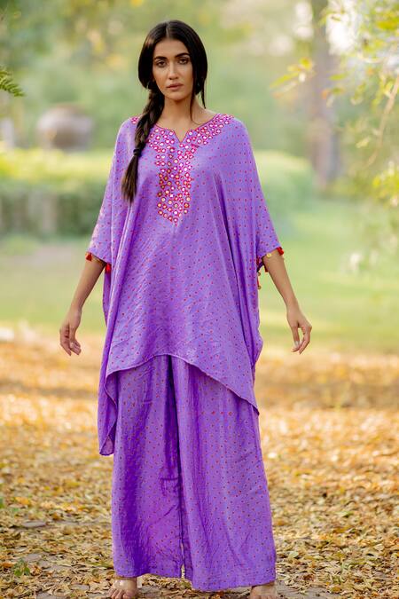 Buy_Dyelogue_Purple Gajji Silk Bandhani Kurta And Palazzo Set _Online_at_Aza_Fashions