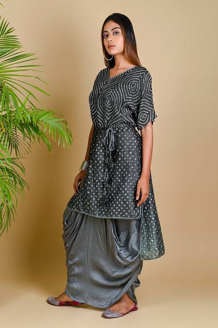 Dyelogue_Grey Modal Satin, Mulberry Silk Bandhani Kurta And Draped Skirt Set _Online_at_Aza_Fashions