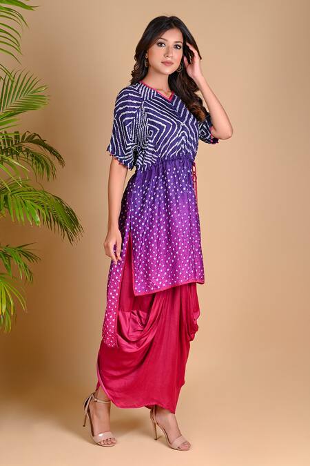 Dyelogue_Purple Modal Satin, Mulberry Silk Bandhani Kurta And Draped Skirt Set _Online_at_Aza_Fashions
