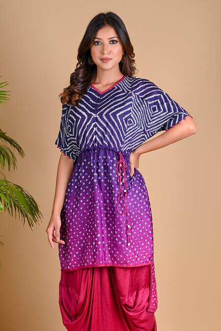 Buy Dyelogue Purple Modal Satin, Mulberry Silk Bandhani Kurta And Draped Skirt Set Online at Aza Fashions Buy_Dyelogue_Purple Modal Satin, Mulberry Silk Bandhani Kurta And Draped Skirt Set _Online_at_Aza_Fashions