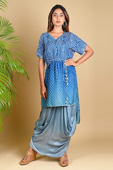 Dyelogue Blue Modal Satin, Mulberry Silk Bandhani Kurta And Draped Skirt Set 