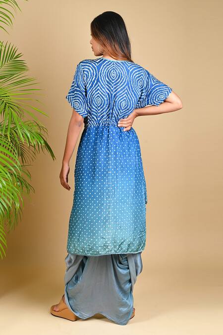 Shop_Dyelogue_Blue Modal Satin, Mulberry Silk Bandhani Kurta And Draped Skirt Set _at_Aza_Fashions