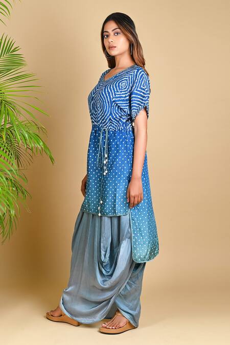 Dyelogue_Blue Modal Satin, Mulberry Silk Bandhani Kurta And Draped Skirt Set _Online_at_Aza_Fashions
