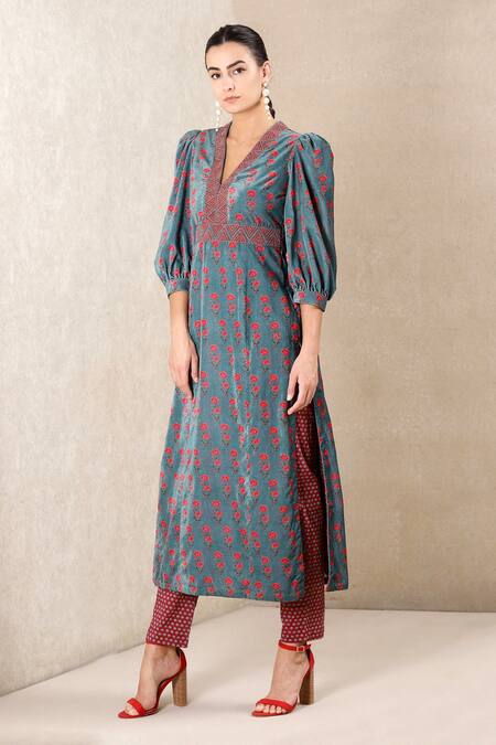 Buy_Ritu Kumar_Blue Kurta Poly Velvet Embroidery V Neck Printed And Pant Set_Online_at_Aza_Fashions