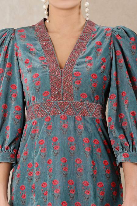 Shop_Ritu Kumar_Blue Kurta Poly Velvet Embroidery V Neck Printed And Pant Set_Online_at_Aza_Fashions