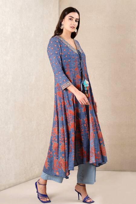 Ritu Kumar_Blue Slub, Viscose Georgette Floral Printed Jacket And Palazzo Set_Online_at_Aza_Fashions