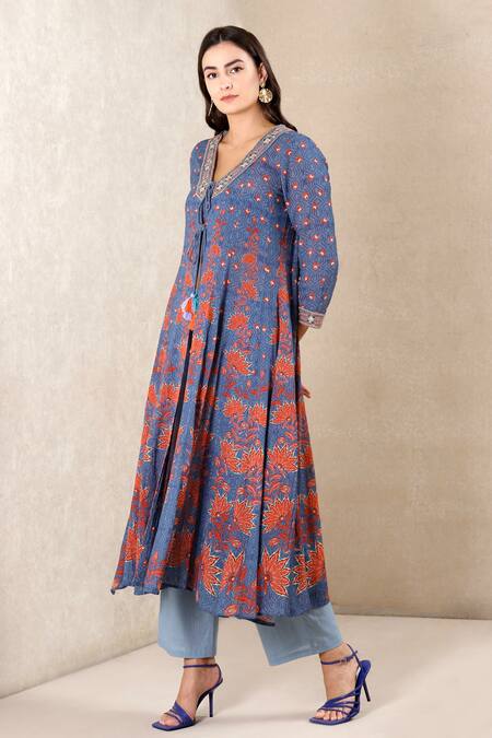 Buy_Ritu Kumar_Blue Slub, Viscose Georgette Floral Printed Jacket And Palazzo Set_Online_at_Aza_Fashions