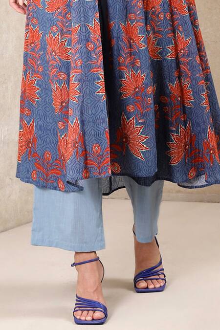 Shop_Ritu Kumar_Blue Slub, Viscose Georgette Floral Printed Jacket And Palazzo Set_Online_at_Aza_Fashions