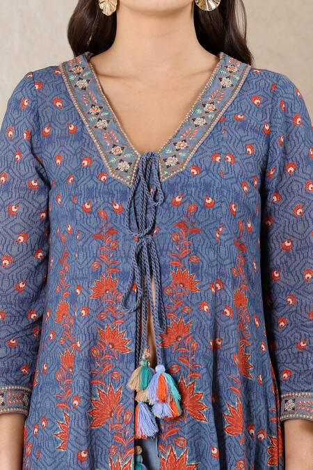 Ritu Kumar_Blue Slub, Viscose Georgette Floral Printed Jacket And Palazzo Set_at_Aza_Fashions