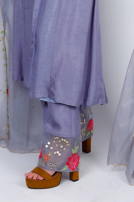 Buy_Geetika Jain_Grey Silk, Organza Sequins, Cut Work, Embellished Flared Kurta Palazzo Set_Online_at_Aza_Fashions