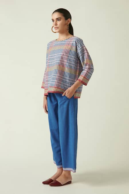 Payal Pratap_Blue Cotton Handloom Morel Pants _Online_at_Aza_Fashions