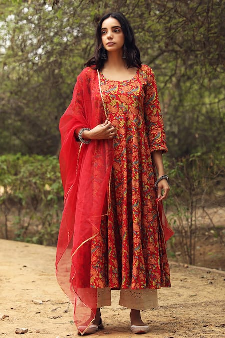 Shop Gulabo Jaipur Red Kurta Cotton Pant Chikan Cotton Dupatta Floral Block Print Anarkali Set Online at Aza Fashions Shop_Gulabo Jaipur_Red Kurta Cotton Pant Chikan Cotton Dupatta Floral Block Print Anarkali Set _Online_at_Aza_Fashions