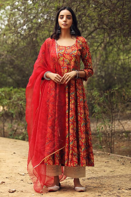 Gulabo Jaipur Red Kurta Cotton Pant Chikan Cotton Dupatta Floral Block Print Anarkali Set Online at Aza Fashions Gulabo Jaipur_Red Kurta Cotton Pant Chikan Cotton Dupatta Floral Block Print Anarkali Set _Online_at_Aza_Fashions