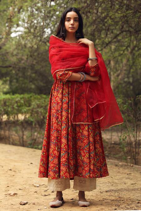 Buy Gulabo Jaipur Red Kurta Cotton Pant Chikan Cotton Dupatta Floral Block Print Anarkali Set Online at Aza Fashions Buy_Gulabo Jaipur_Red Kurta Cotton Pant Chikan Cotton Dupatta Floral Block Print Anarkali Set _Online_at_Aza_Fashions