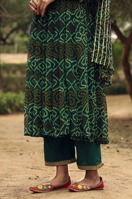 Shop Gulabo Jaipur Green Kurta, Pant And Dupatta Georgette Round Bandhani Print Anarkali Set Online at Aza Fashions Shop_Gulabo Jaipur_Green Kurta, Pant And Dupatta Georgette Round Bandhani Print Anarkali Set _Online_at_Aza_Fashions