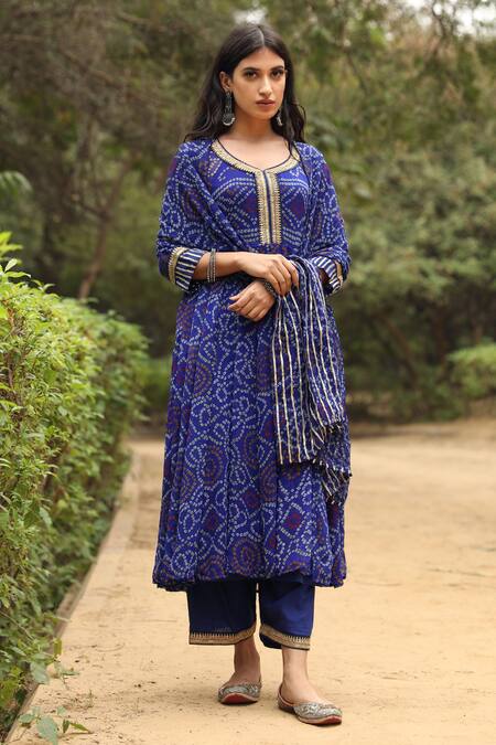 Shop Gulabo Jaipur Blue Kurta, Pant And Dupatta Georgette Round Bandhani Print Anarkali Set Online at Aza Fashions Shop_Gulabo Jaipur_Blue Kurta, Pant And Dupatta Georgette Round Bandhani Print Anarkali Set _Online_at_Aza_Fashions