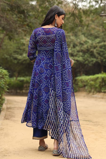 Shop Gulabo Jaipur Blue Kurta, Pant And Dupatta Georgette Round Bandhani Print Anarkali Set at Aza Fashions Shop_Gulabo Jaipur_Blue Kurta, Pant And Dupatta Georgette Round Bandhani Print Anarkali Set _at_Aza_Fashions
