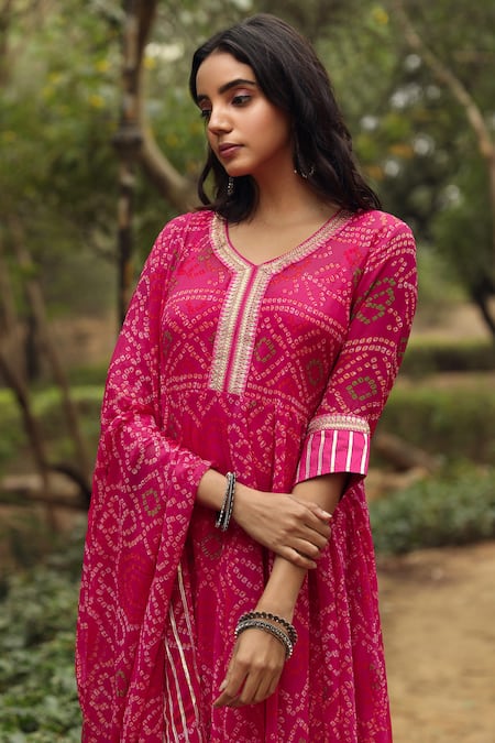 Gulabo Jaipur Pink Kurta, Pant And Dupatta Georgette Round Bandhani Print Anarkali Set at Aza Fashions Gulabo Jaipur_Pink Kurta, Pant And Dupatta Georgette Round Bandhani Print Anarkali Set _at_Aza_Fashions