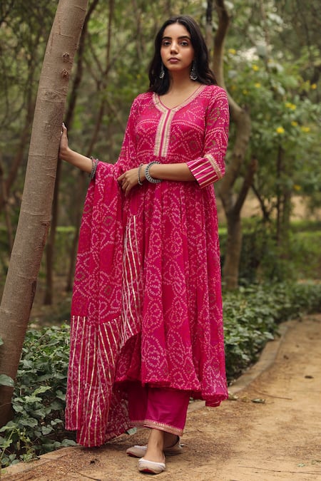 Shop Gulabo Jaipur Pink Kurta, Pant And Dupatta Georgette Round Bandhani Print Anarkali Set Online at Aza Fashions Shop_Gulabo Jaipur_Pink Kurta, Pant And Dupatta Georgette Round Bandhani Print Anarkali Set _Online_at_Aza_Fashions