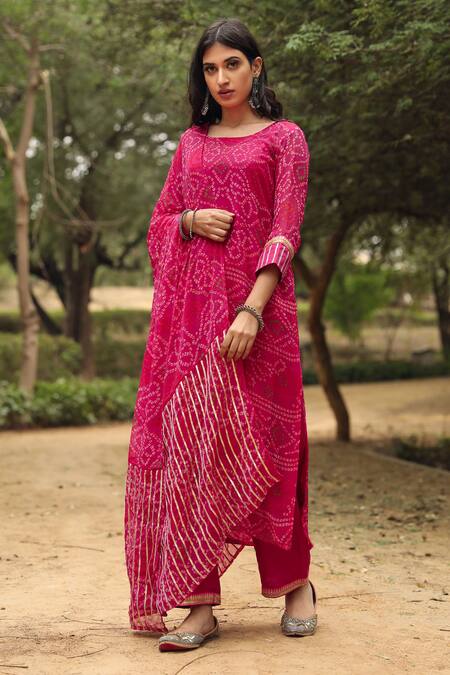 Gulabo Jaipur Pink Kurta, Pant And Dupatta Georgette, Slip Round Bandhani Print Set Online at Aza Fashions Gulabo Jaipur_Pink Kurta, Pant And Dupatta Georgette, Slip Round Bandhani Print Set _Online_at_Aza_Fashions
