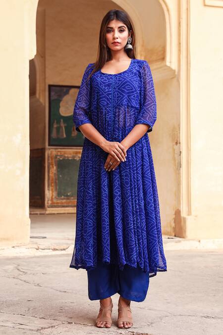 Shop_Gulabo Jaipur_Blue Georgette, Cotton Rayon Round Bandhani Print Anarkali And Pant Set_at_Aza_Fashions