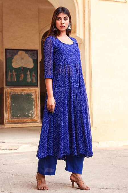 Buy_Gulabo Jaipur_Blue Georgette, Cotton Rayon Round Bandhani Print Anarkali And Pant Set_Online_at_Aza_Fashions
